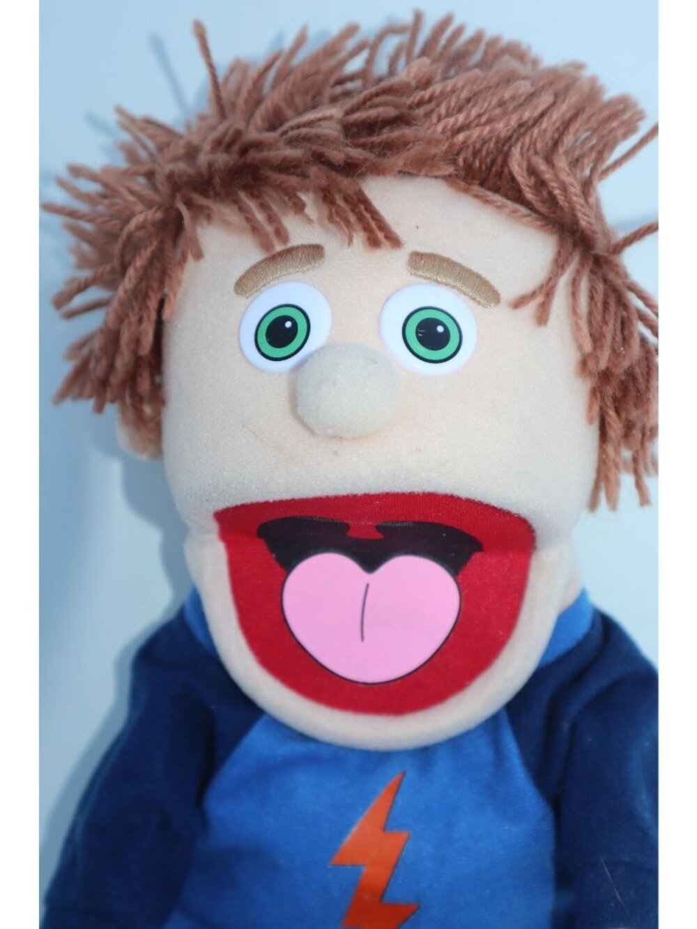 Lightning Bolt Wide Mouth Boy Hand Puppet Brown Yarn Hair Pretend Play Toy